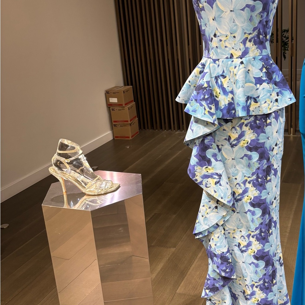 Chiara Boni Blue Strapless Peplum Gown